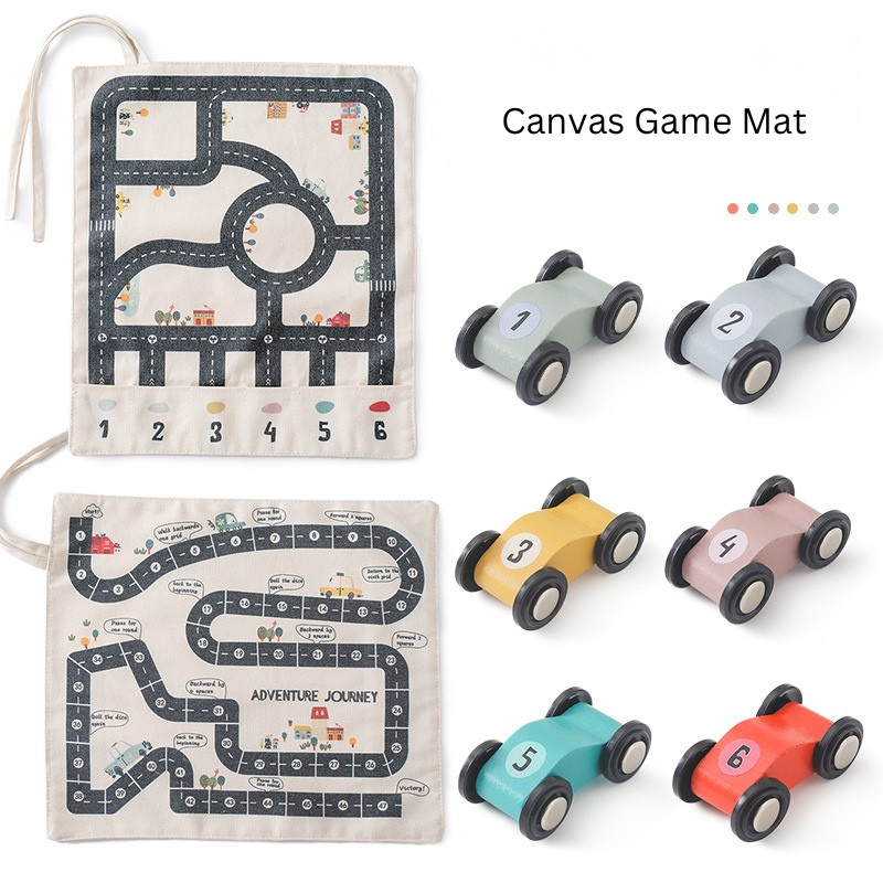Canvas Game Mat with Wooden Cars and Dice Roll Board Game Set inclusion